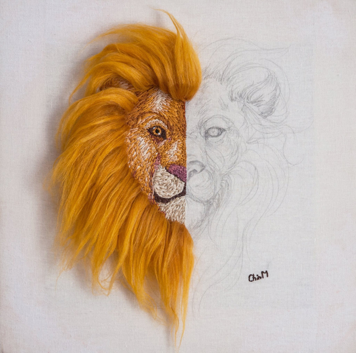 Dessin de lion en toile brodée