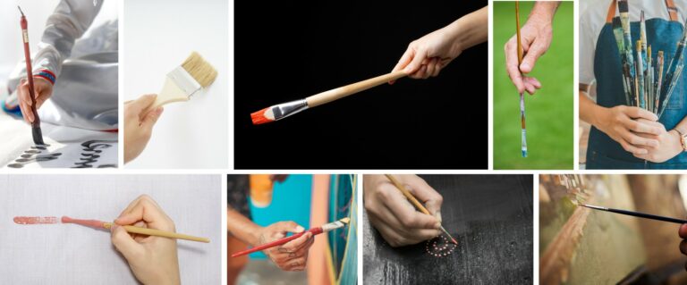 Collage of painting and art activities showing brushes, hands painting, and art supplies.