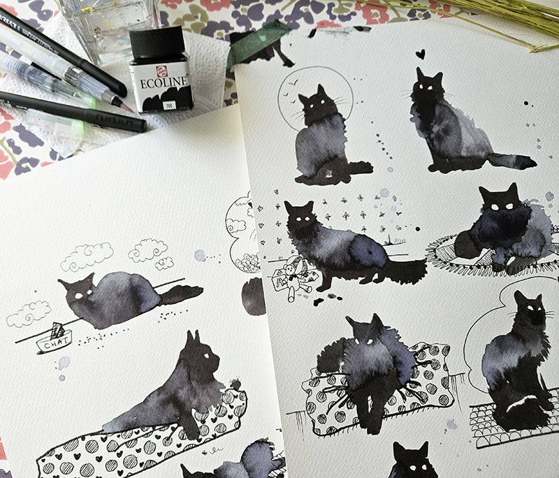 Illustrations de chats : Encre noire et eau sur papier aquarelle