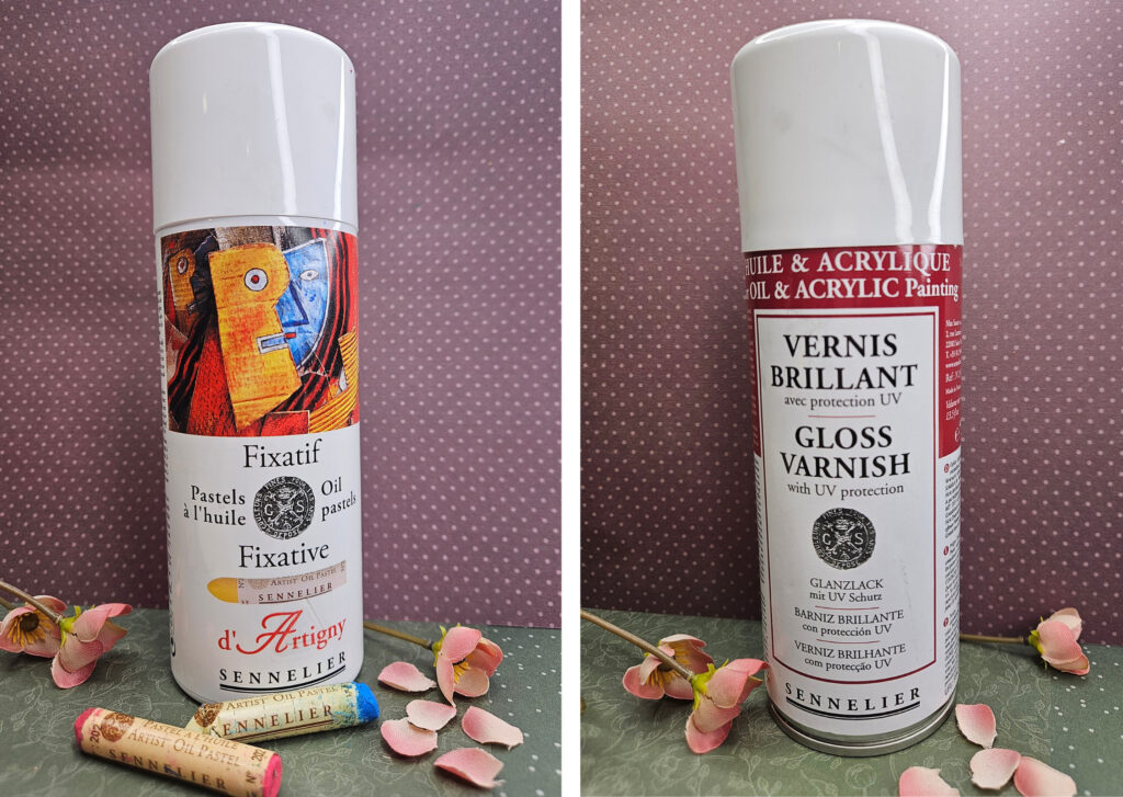 Two spray paint cans on a pink dotted backdrop; left can reads 'Fixatif' with a colorful abstract label, right can reads 'VERNIS BRILLANT' gloss varnish with UV protection.