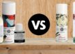 Row of oil paint bottles and sprays on a wooden shelf facing a black circle with 'VS' in the center, ivy at both ends — left traditional varnishes, right spray products.