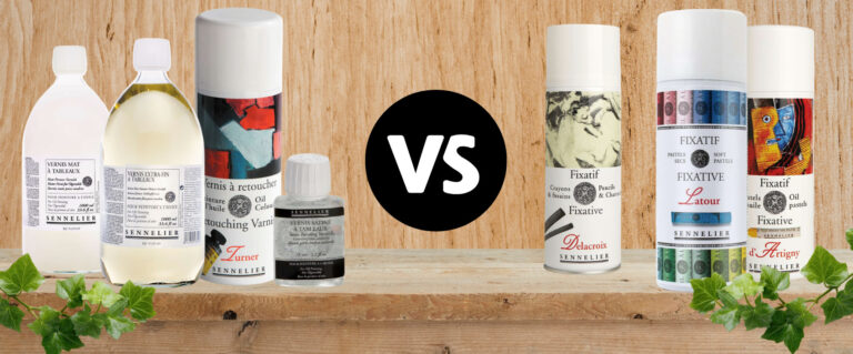 Row of oil paint bottles and sprays on a wooden shelf facing a black circle with 'VS' in the center, ivy at both ends — left traditional varnishes, right spray products.