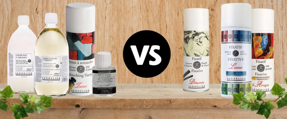 Row of oil paint bottles and sprays on a wooden shelf facing a black circle with 'VS' in the center, ivy at both ends — left traditional varnishes, right spray products.