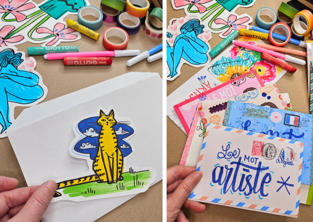 Colorful craft collage with cut-out drawings, markers, tapes, and greeting cards; includes a blue figure silhouette and a yellow cat illustration.