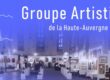 Promotional banner for Groupe Artistique de la Haute-Auvergne over a gallery with hanging paintings.