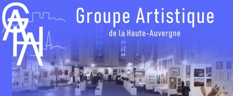 Promotional banner for Groupe Artistique de la Haute-Auvergne over a gallery with hanging paintings.