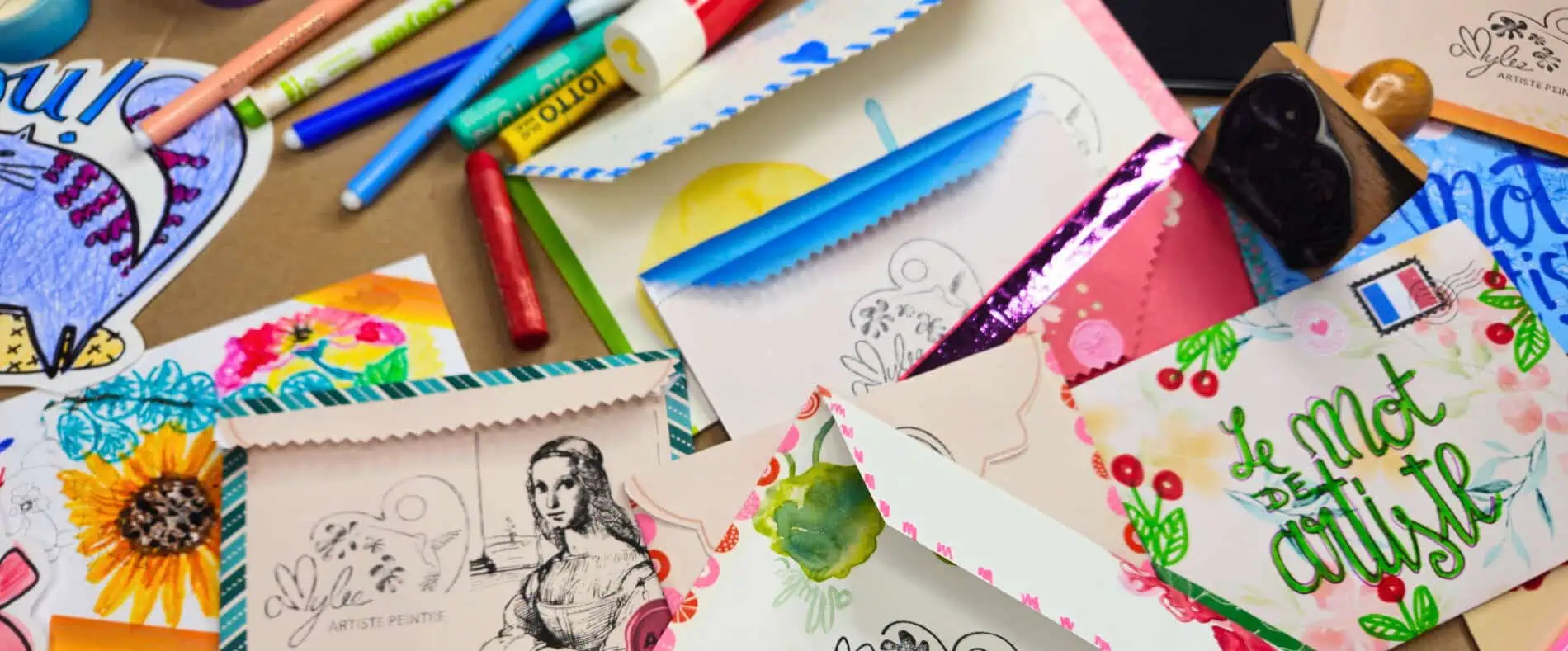 snail mail artiste peintre amylee beaux arts idées courriers Colorful collage of handmade greeting cards, envelopes, and art supplies scattered on a table when crafting.