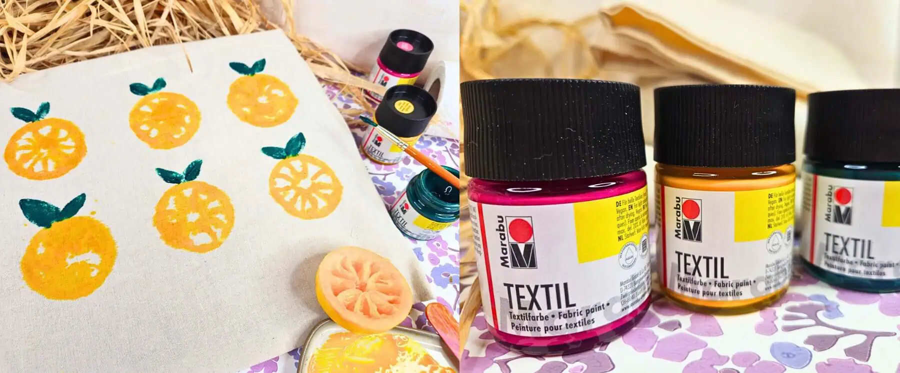 Fabric with orange citrus stamp patterns beside paints and brushes; craft supplies scattered nearby.
