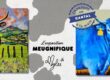 Promotional poster for 'L'exposition MEUGNIFIQUE' featuring two vibrant cow paintings flanking a central title panel by Aylee.