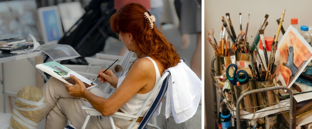 Two-panel image: left shows a woman painting at a desk in a bright studio; right shows brushes, scissors, and a painting setup on a cart.