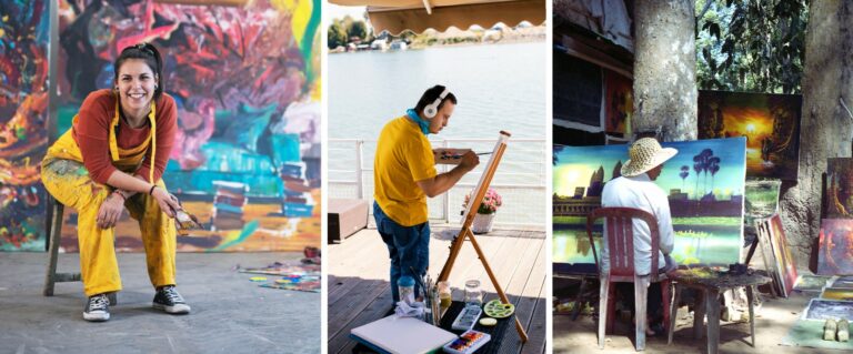 Three artists painting in different settings: a woman in yellow overalls by a colorful mural, a man at an easel on a dock, and a hat-wearing artist painting outdoors.