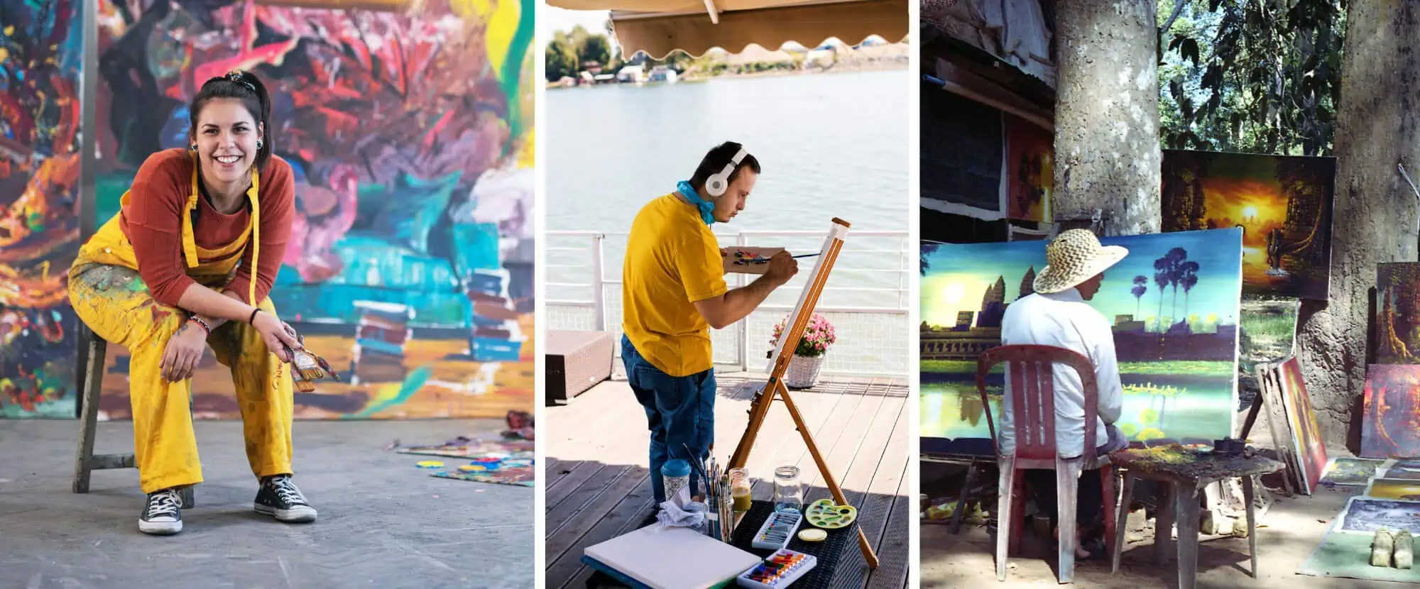 résidence artistique artiste retraite creative différences conseils amylee accompagnement coaching 01 Three artists painting in different settings: a woman in yellow overalls by a colorful mural, a man at an easel on a dock, and a hat-wearing artist painting outdoors.